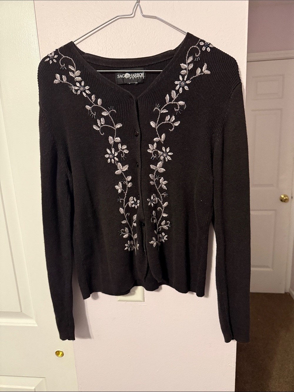 Sag Harbor Black Cardigan with Silver Floral Embroidery